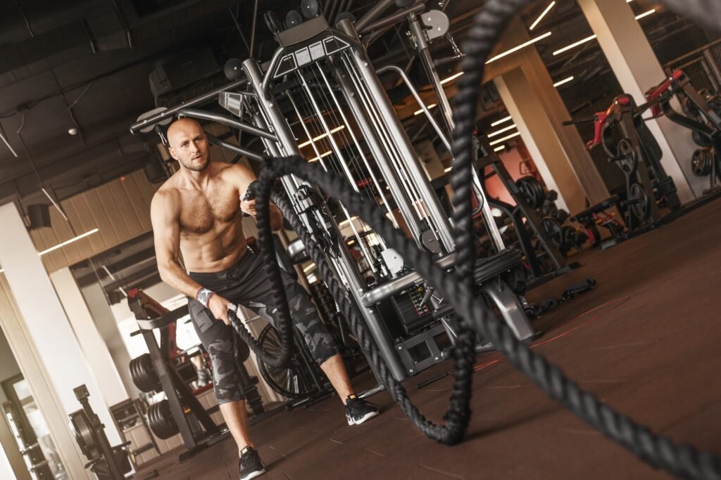 Handsome caucasian muscular man doing battle rope exercise while working out in gym