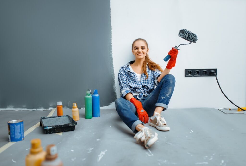 House painter sitting on the floor after work